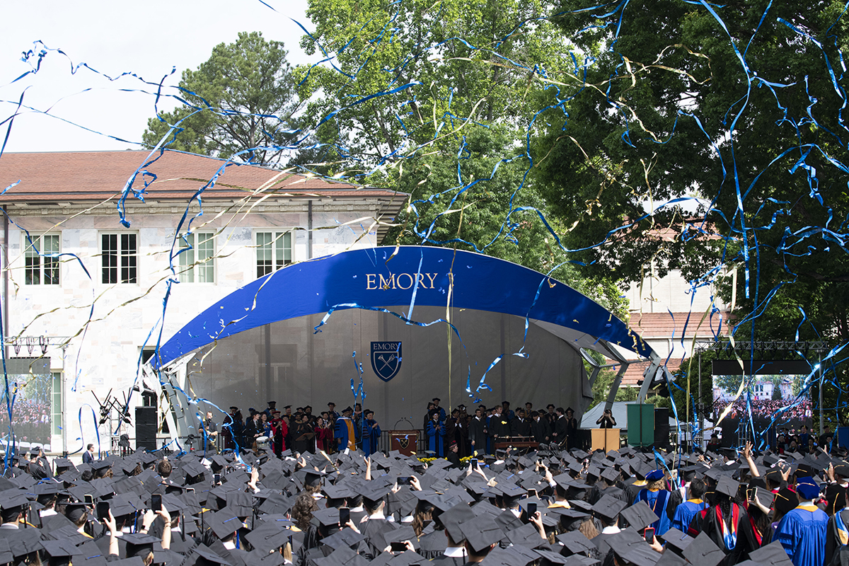Confetti exploding over the Class of 2023 on the Emory Quad